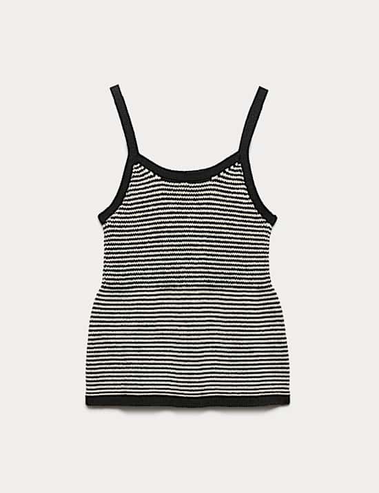 Cotton Blend Striped Square Neck Knitted Vest