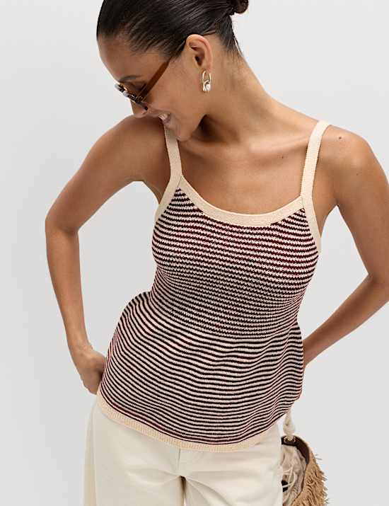 Cotton Blend Striped Square Neck Knitted Vest