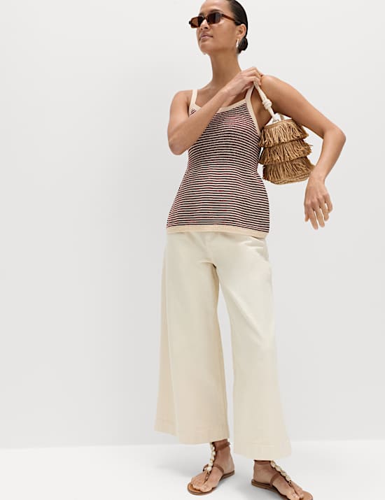 Cotton Blend Striped Square Neck Knitted Vest