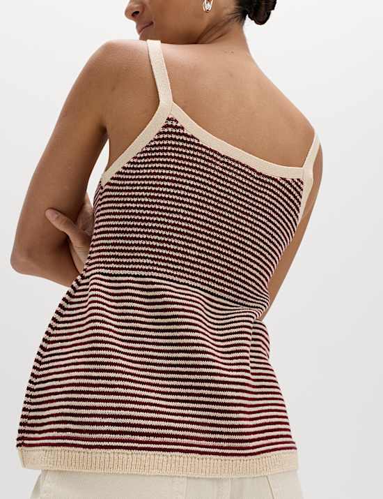 Cotton Blend Striped Square Neck Knitted Vest