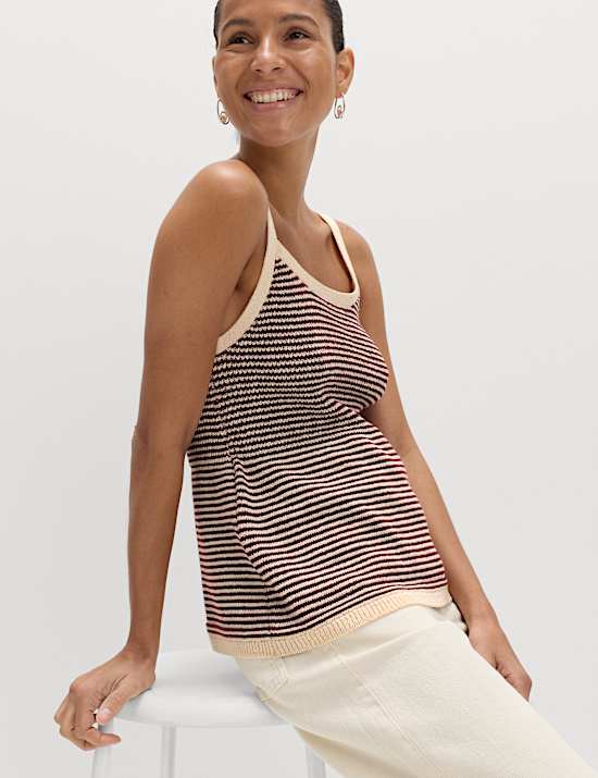 Cotton Blend Striped Square Neck Knitted Vest