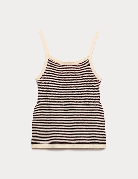 Cotton Blend Striped Square Neck Knitted Vest