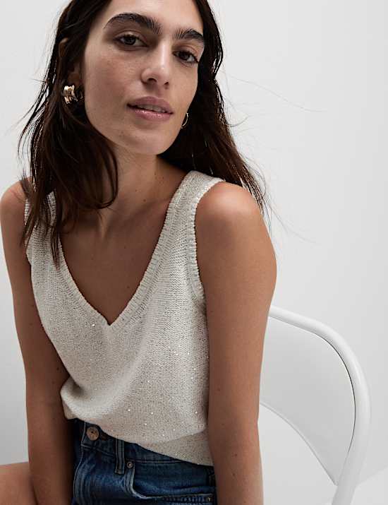 Maillot de corps en maille texturée à col en V et sequins