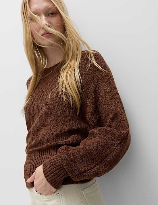 Cotton Rich Textured Slash Neck Relaxed Jumper