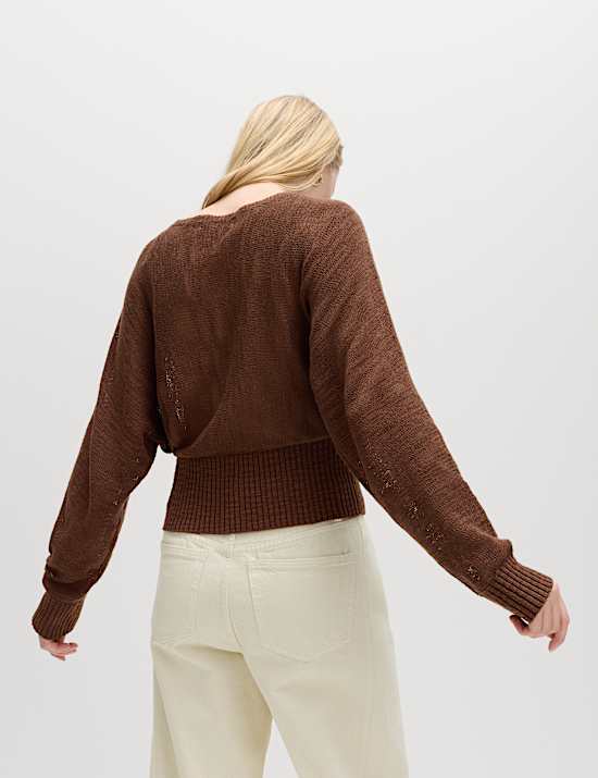 Cotton Rich Textured Slash Neck Relaxed Jumper