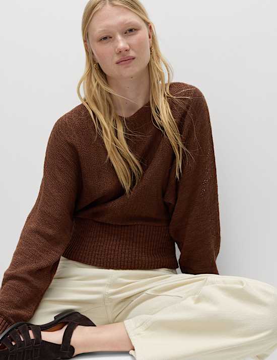 Cotton Rich Textured Slash Neck Relaxed Jumper
