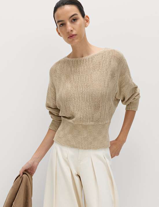 Cotton Rich Textured Slash Neck Relaxed Jumper