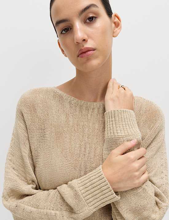 Cotton Rich Textured Slash Neck Relaxed Jumper