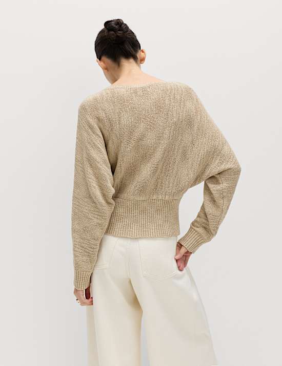 Cotton Rich Textured Slash Neck Relaxed Jumper