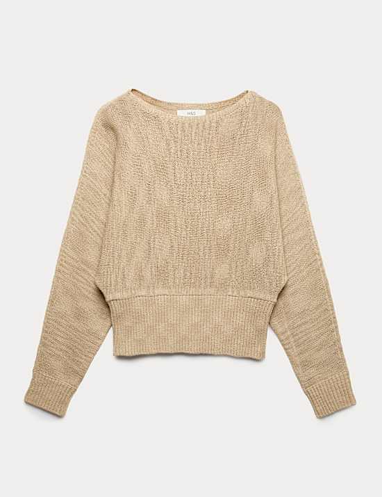 Cotton Rich Textured Slash Neck Relaxed Jumper