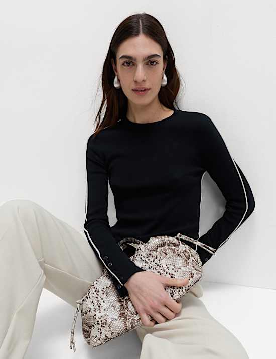 Ribbed Crew Neck Tipped Detail Jumper