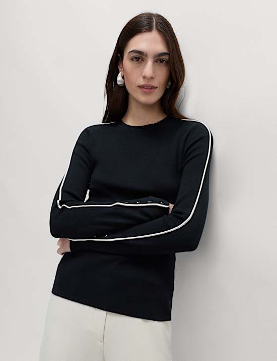 Ribbed Crew Neck Tipped Detail Jumper