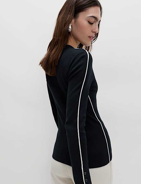 Ribbed Crew Neck Tipped Detail Jumper