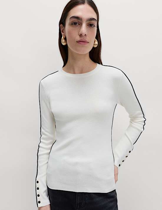 Jersey acanalado con cuello redondo y detalle de ribete