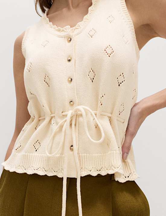 Pure Cotton Textured Cropped Knitted Vest