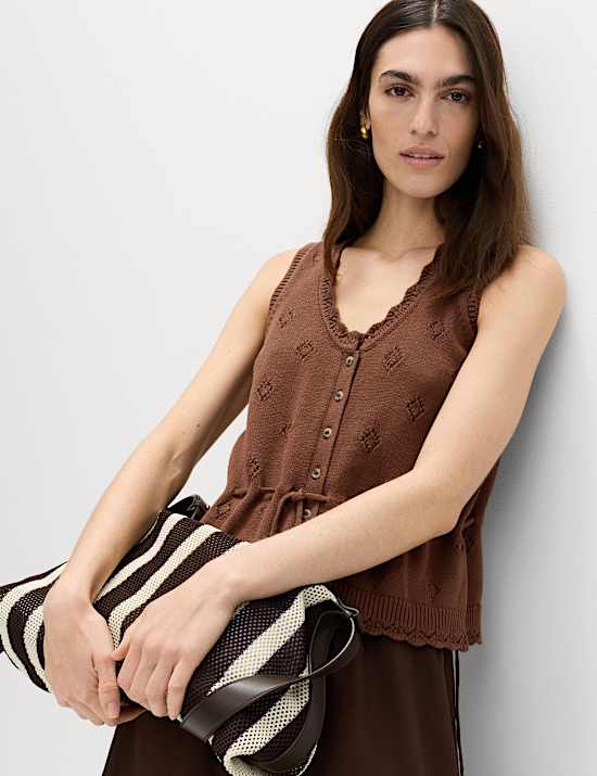 Pure Cotton Textured Cropped Knitted Vest