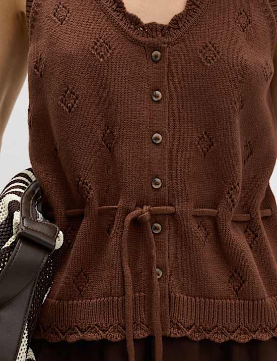 Pure Cotton Textured Cropped Knitted Vest