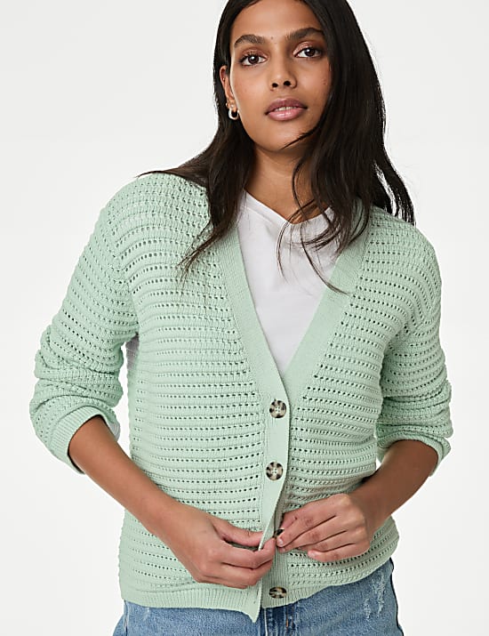 Cotton Rich Textured V-Neck Cardigan