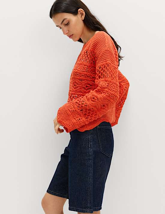 Cotton Blend Textured Cropped Jumper