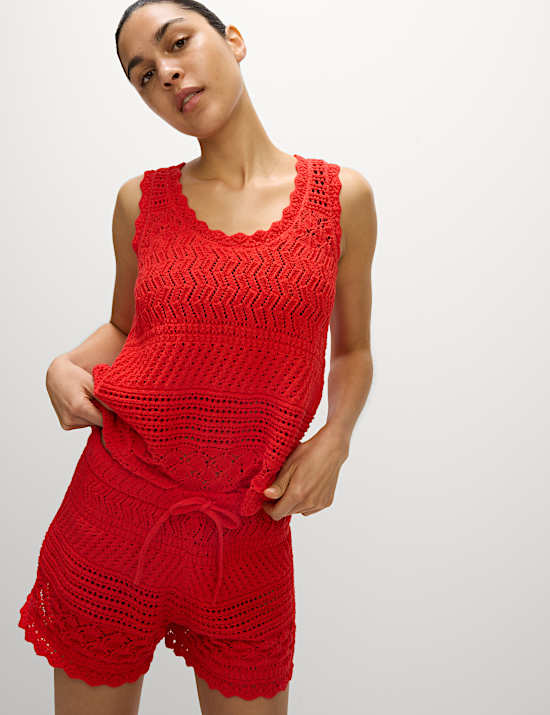 Cotton Blend Pointelle Scallop Edge Knitted Vest