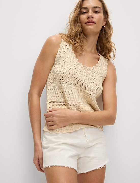 Cotton Blend Pointelle Scallop Edge Knitted Vest