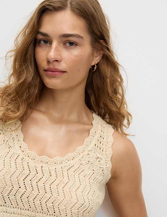 Cotton Blend Pointelle Scallop Edge Knitted Vest