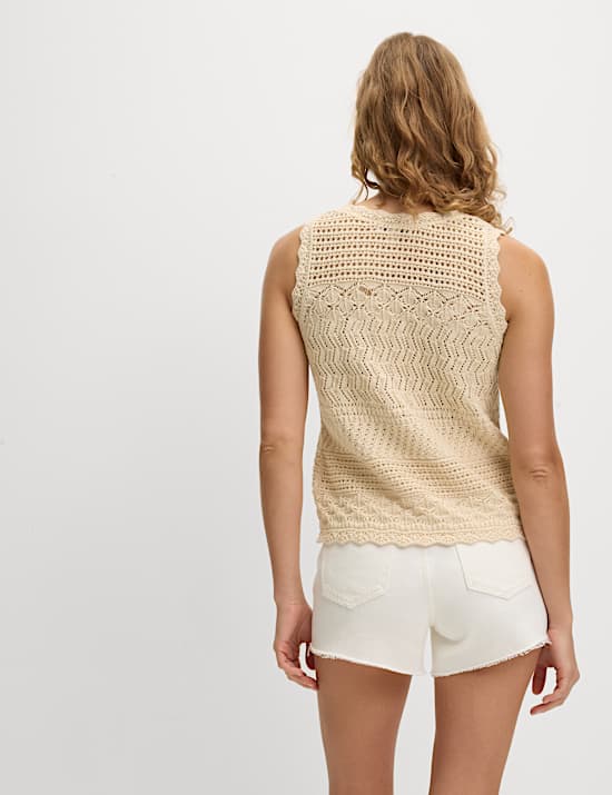 Cotton Blend Pointelle Scallop Edge Knitted Vest