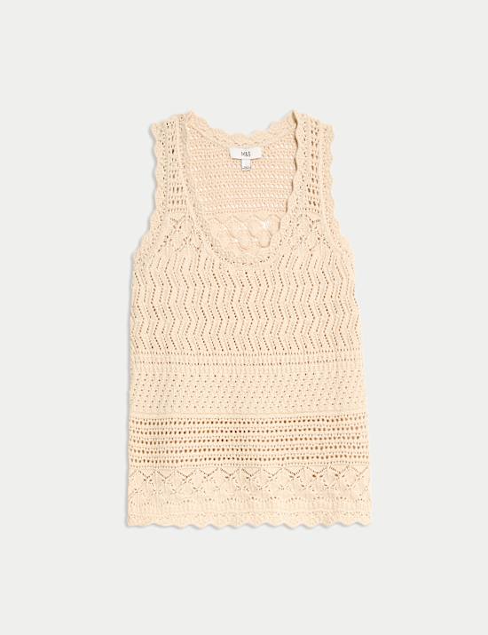 Cotton Blend Pointelle Scallop Edge Knitted Vest