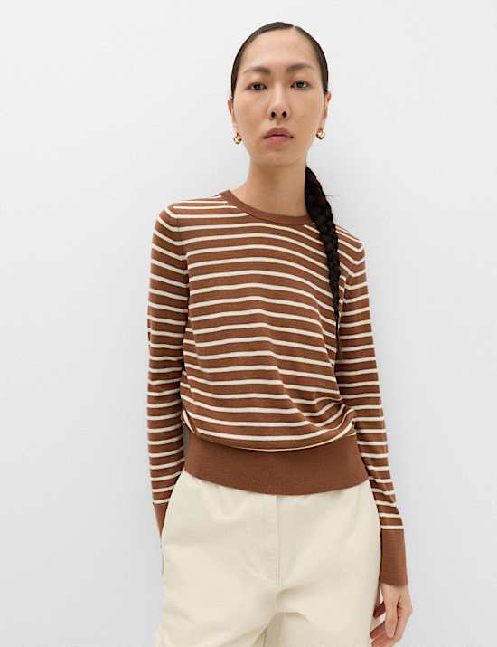 Pure Merino Wool Striped Crew Neck Jumper