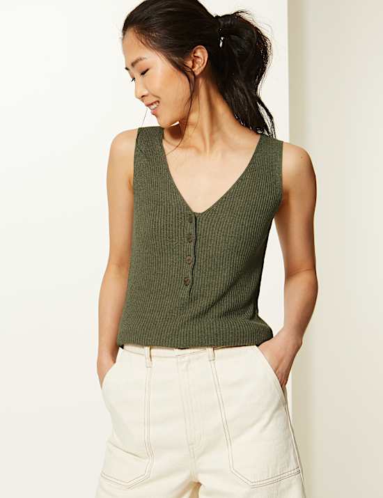 Linen Blend Textured V-Neck Knitted Top