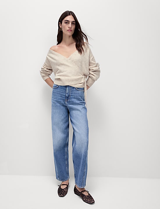 Textured Knitted V-Neck Cardigan with Wool