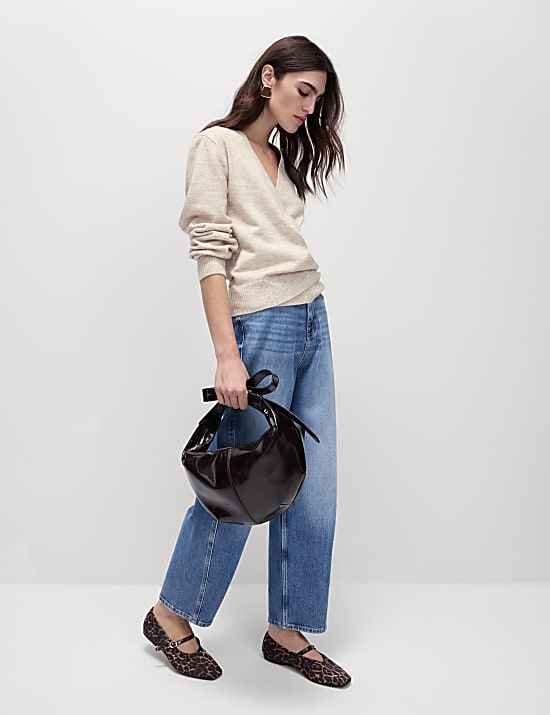 Textured Knitted V-Neck Cardigan with Wool