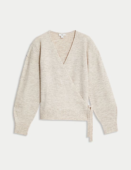 Textured Knitted V-Neck Cardigan with Wool