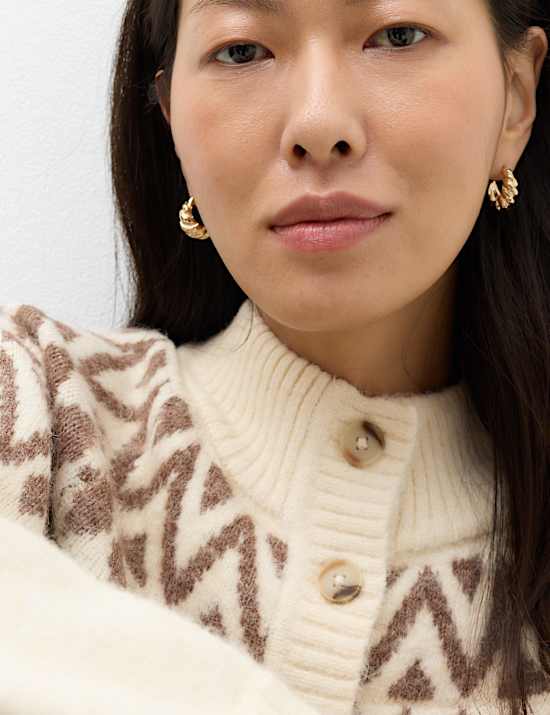 Fair Isle Funnel Neck Button Front Slim Fit Cardigan with Wool
