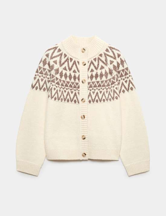 Fair Isle Funnel Neck Button Front Slim Fit Cardigan with Wool