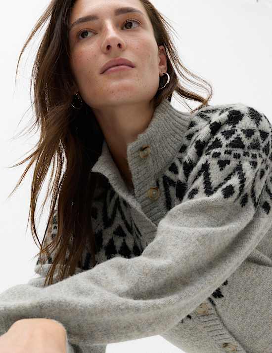 Fair Isle Funnel Neck Button Front Slim Fit Cardigan with Wool