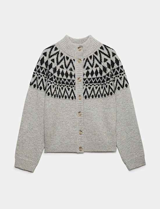Fair Isle Funnel Neck Button Front Slim Fit Cardigan with Wool