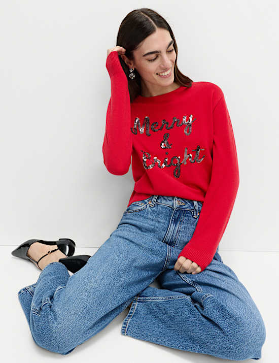 Air-Yarn Sequin Slogan Crew Neck Jumper