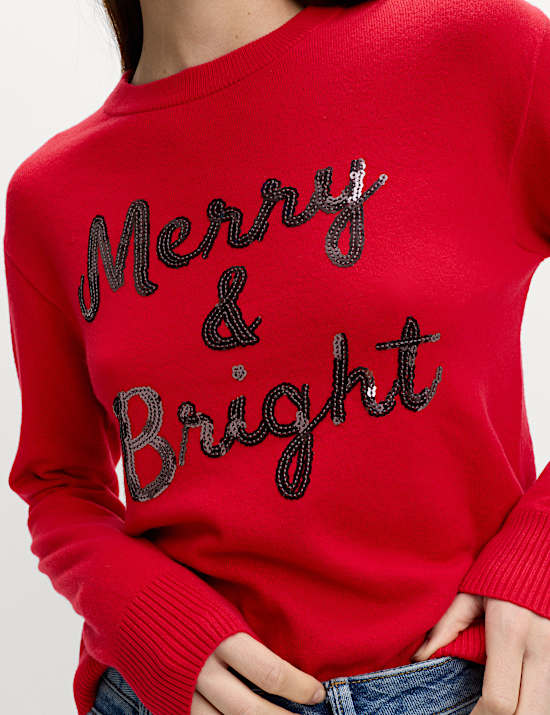 Air-Yarn Sequin Slogan Crew Neck Jumper