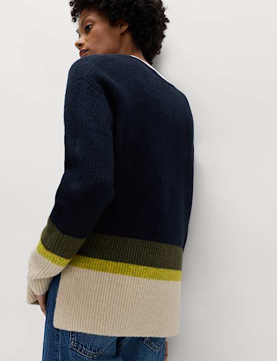 V-Neck Ribbed Striped Jumper With Wool
