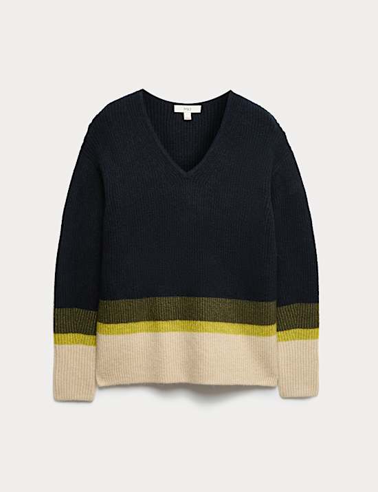 V-Neck Ribbed Striped Jumper With Wool