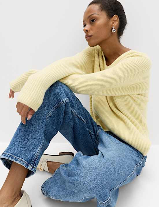 V-Neck Ribbed Jumper With Wool
