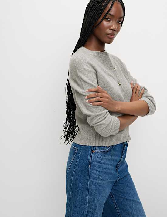 Air-Yarn Crew Neck Button Front Cropped Cardigan