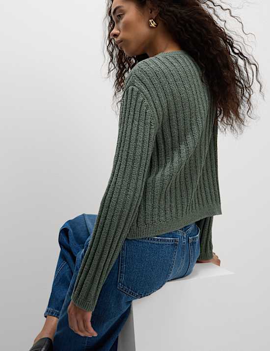 Cotton Blend Ribbed Cardigan