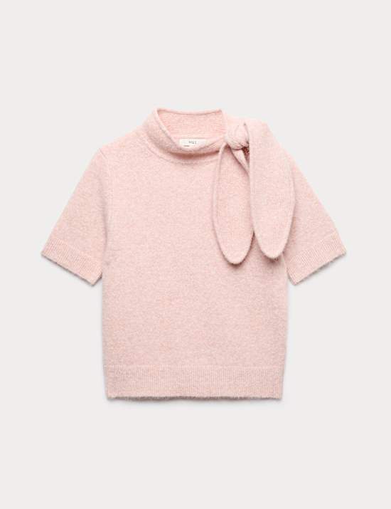 Tie Neck Knitted Top with Wool