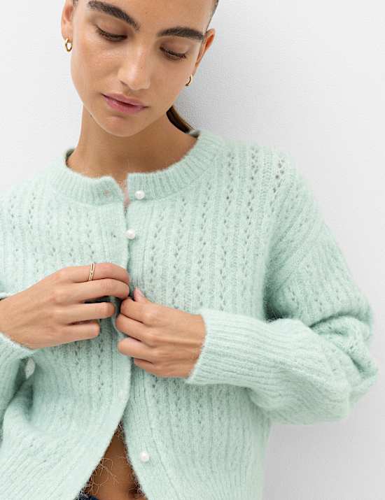 Blouson Sleeve Cropped Cardigan with Wool