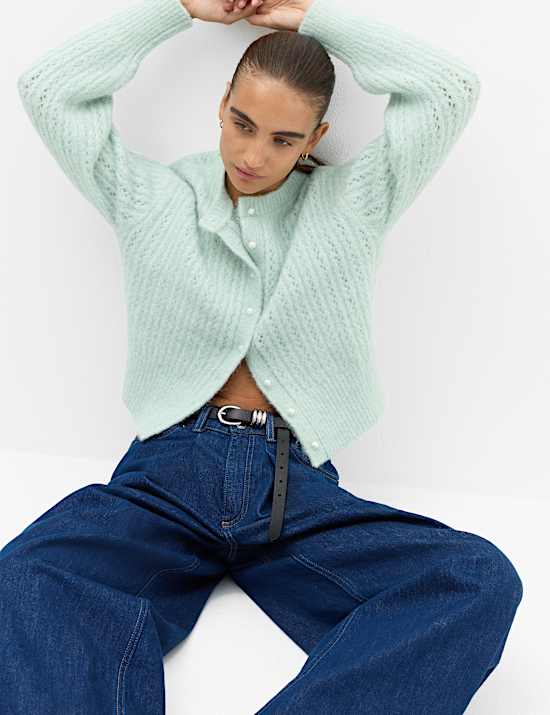 Blouson Sleeve Cropped Cardigan with Wool