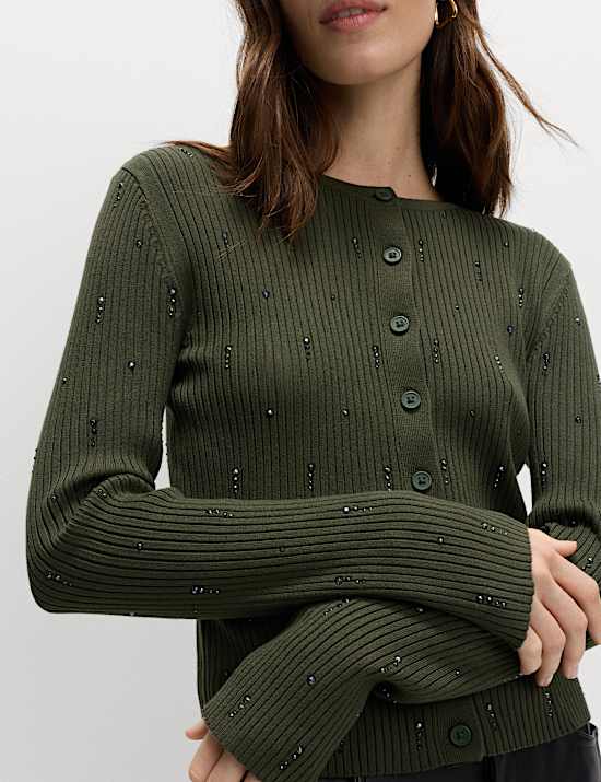 Embellished Crew Neck Fitted Cardigan