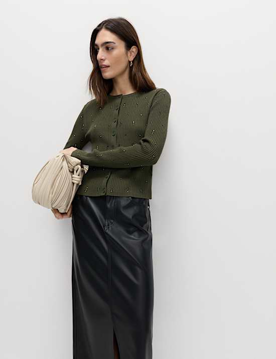 Embellished Crew Neck Fitted Cardigan