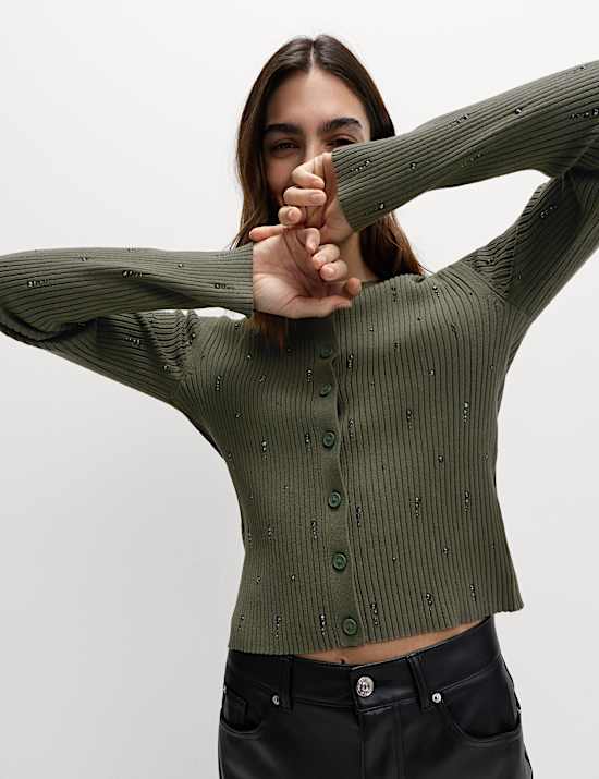 Embellished Crew Neck Fitted Cardigan